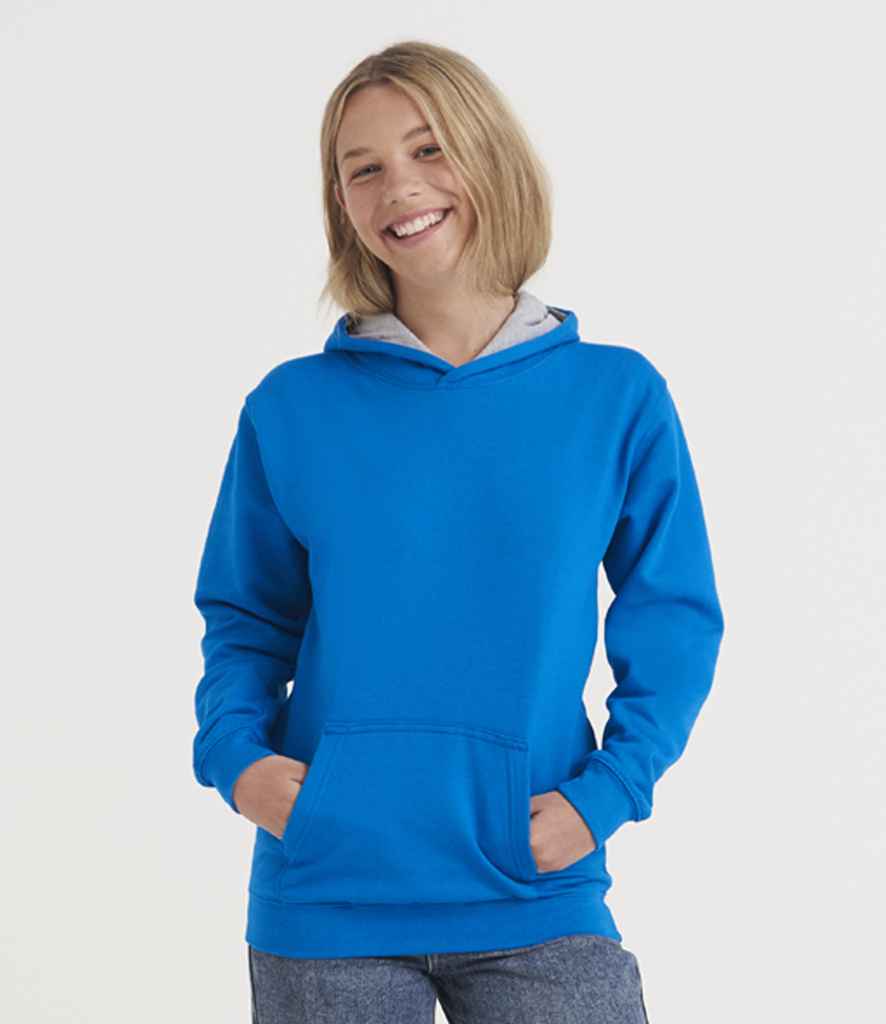 Just Hoods JH003B Sapphire Blue/Heather Grey Model - Ready to be Embroidered and Printed by Custard Workwear - Cheap Personalised and Customised Workwear in Nottinghamshire, Derbyshire and Leicestershire