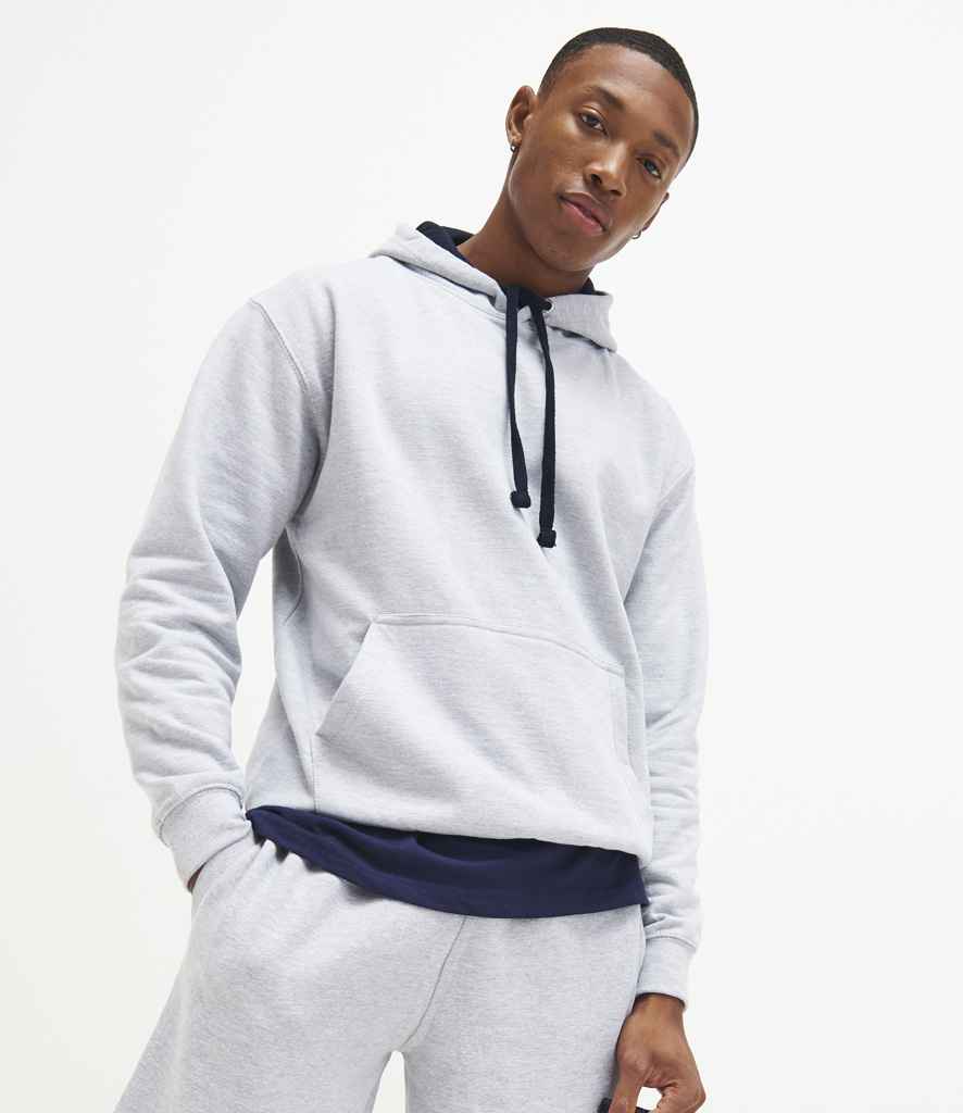 Just Hoods JH003 Heather Grey/New French Navy Model - Ready to be Embroidered and Printed by Custard Workwear - Cheap Personalised and Customised Workwear in Nottinghamshire, Derbyshire and Leicestershire