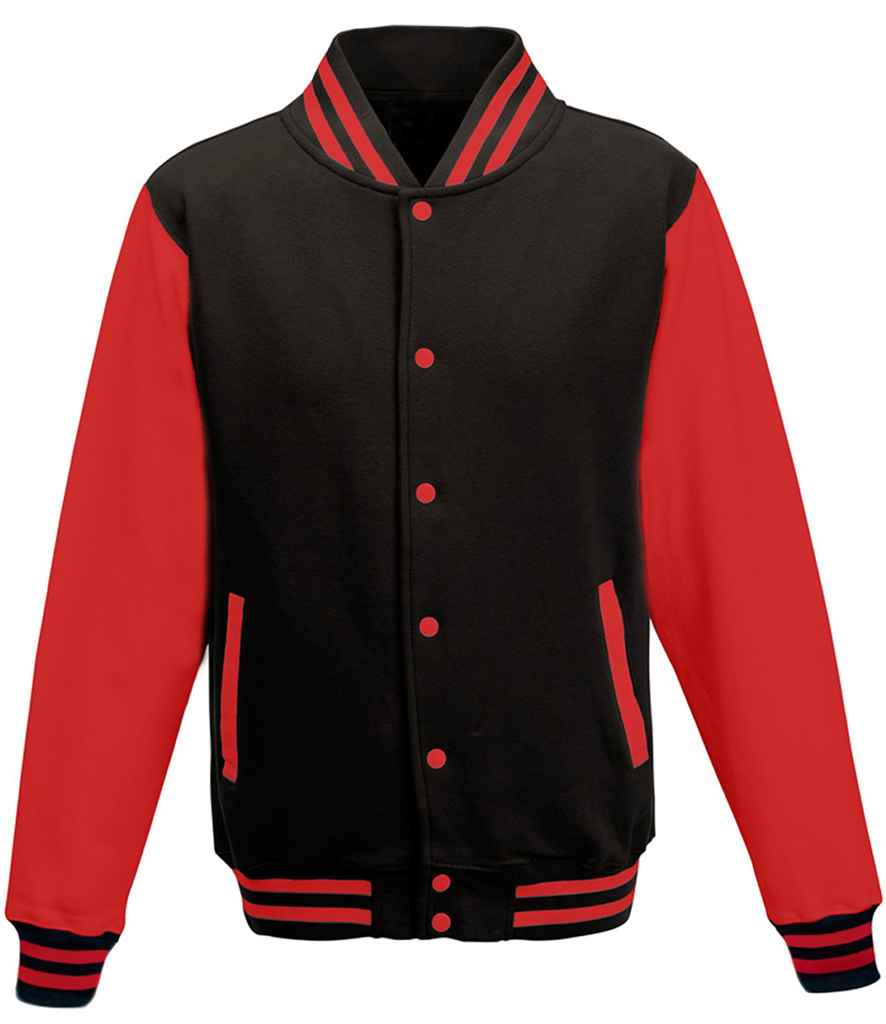 Just Hoods JH043 Jet Black/Fire Red Front - Ready to be Embroidered and Printed by Custard Workwear - Cheap Personalised and Customised Workwear in Nottinghamshire, Derbyshire and Leicestershire