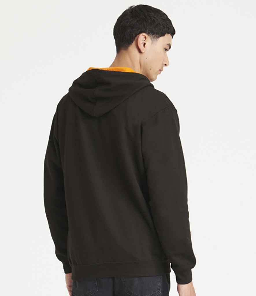 Just Hoods JH053 Jet Black/Orange Crush Model - Ready to be Embroidered and Printed by Custard Workwear - Cheap Personalised and Customised Workwear in Nottinghamshire, Derbyshire and Leicestershire