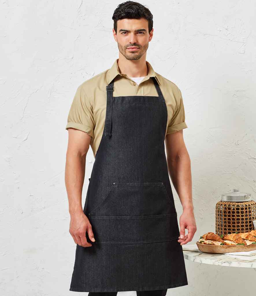 Premier PR126 Black Denim Model - Apron Ready to be Embroidered and Printed by Custard Workwear - Cheap Personalised and Customised Workwear in Nottinghamshire, Derbyshire and Leicestershire