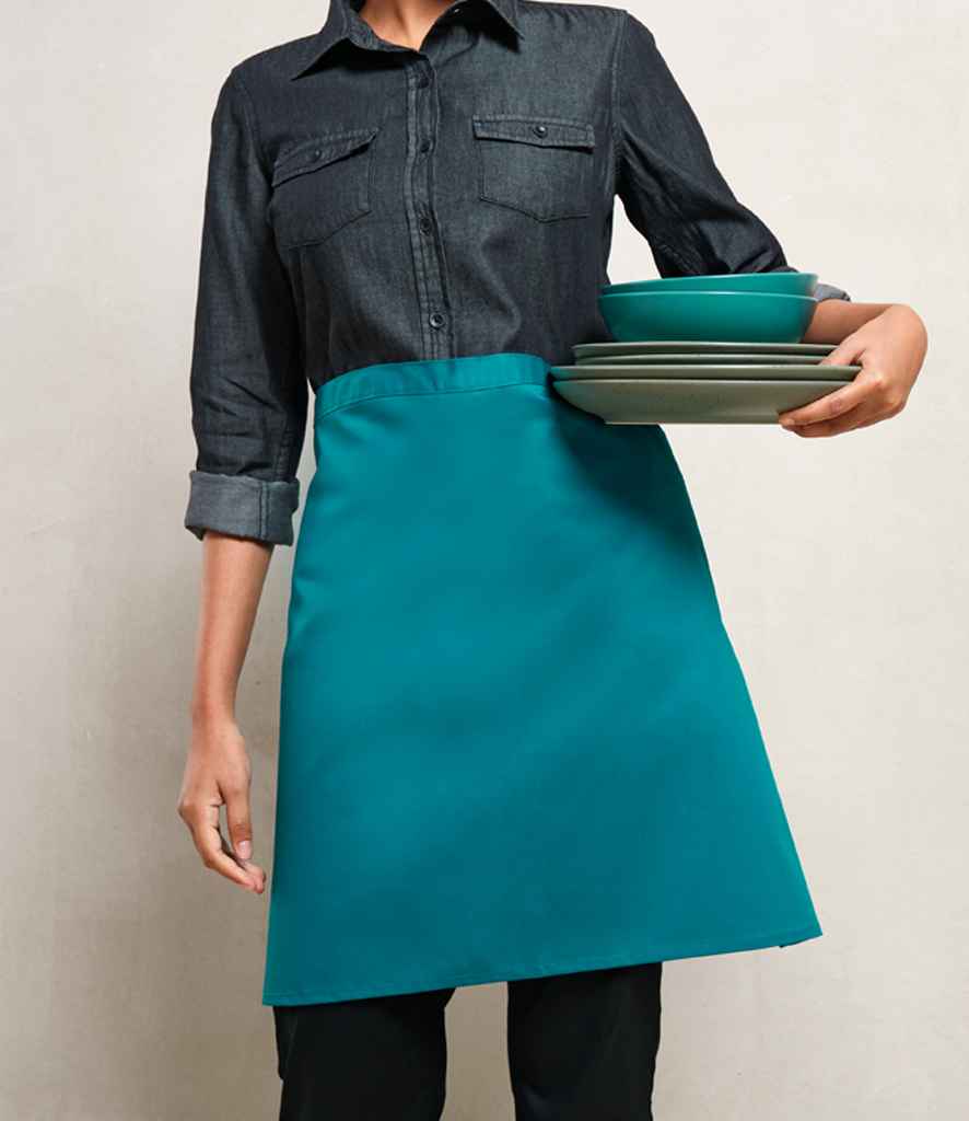 Premier PR151 Teal Model - Apron Ready to be Embroidered and Printed by Custard Workwear - Cheap Personalised and Customised Workwear in Nottinghamshire, Derbyshire and Leicestershire