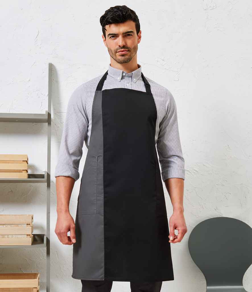 Premier PR162 Black/Dark Grey Model - Apron Ready to be Embroidered and Printed by Custard Workwear - Cheap Personalised and Customised Workwear in Nottinghamshire, Derbyshire and Leicestershire