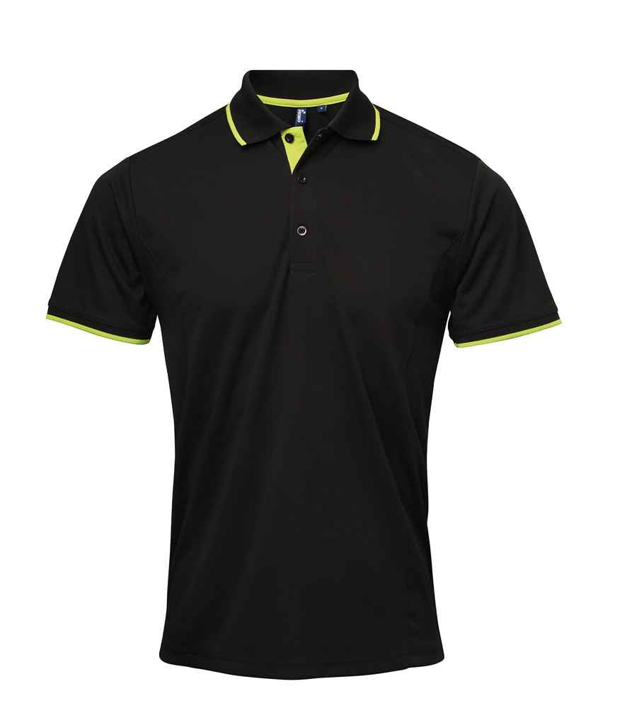 Premier PR618 Black/Lime Green Front - Polo Ready to be Printed by Custard Workwear - Cheap Personalised and Customised Workwear in Nottinghamshire, Derbyshire and Leicestershire