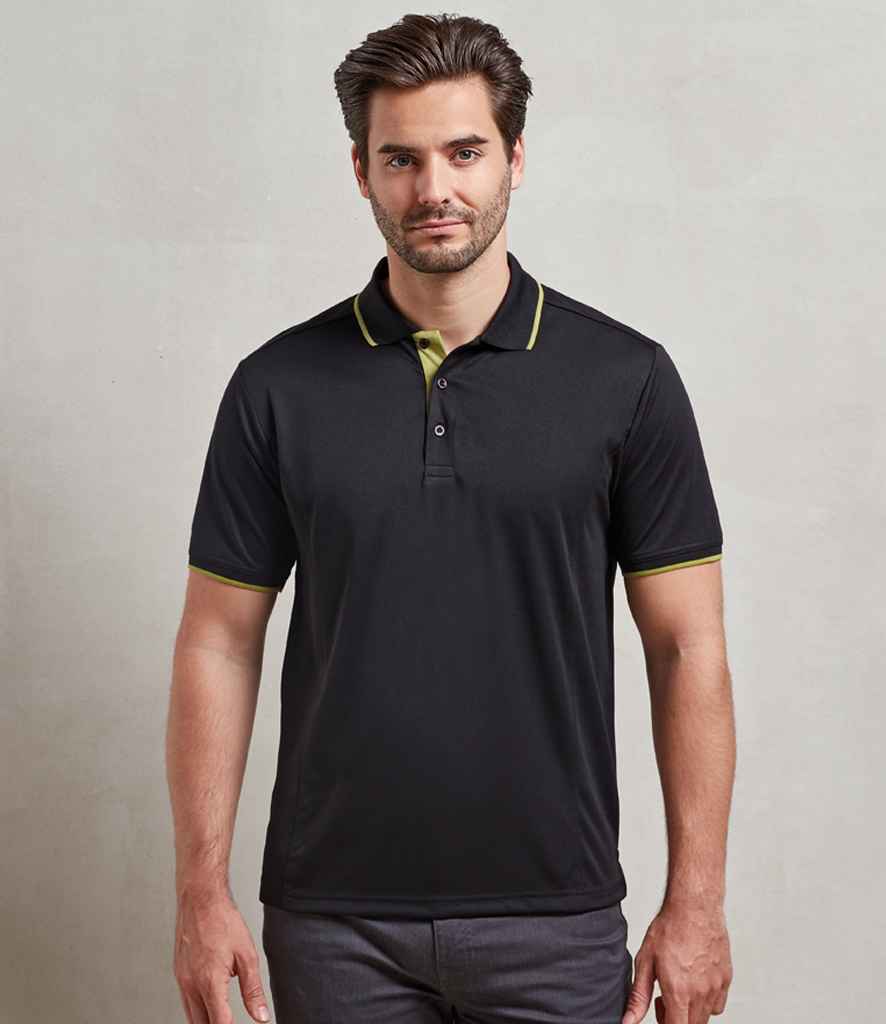 Premier PR618 Black/Lime Green Model - Polo Ready to be Printed by Custard Workwear - Cheap Personalised and Customised Workwear in Nottinghamshire, Derbyshire and Leicestershire