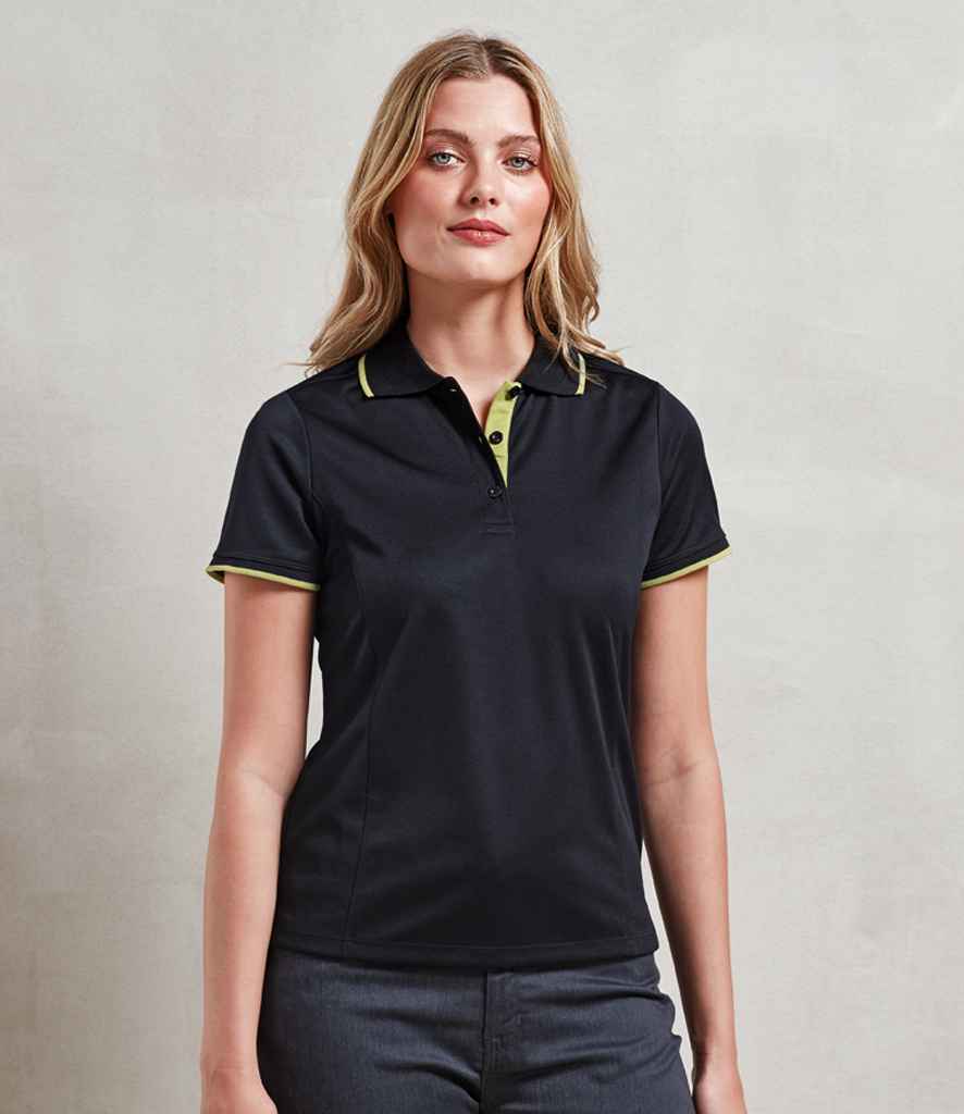 Premier PR619 Black/Lime Green Model - Polo Ready to be Printed by Custard Workwear - Cheap Personalised and Customised Workwear in Nottinghamshire, Derbyshire and Leicestershire