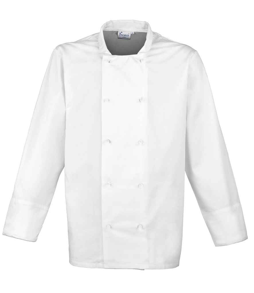 Premier PR652 White Front - Chef's Jacket Stud Ready to be  by Custard Workwear - Cheap Personalised and Customised Workwear in Nottinghamshire, Derbyshire and Leicestershire