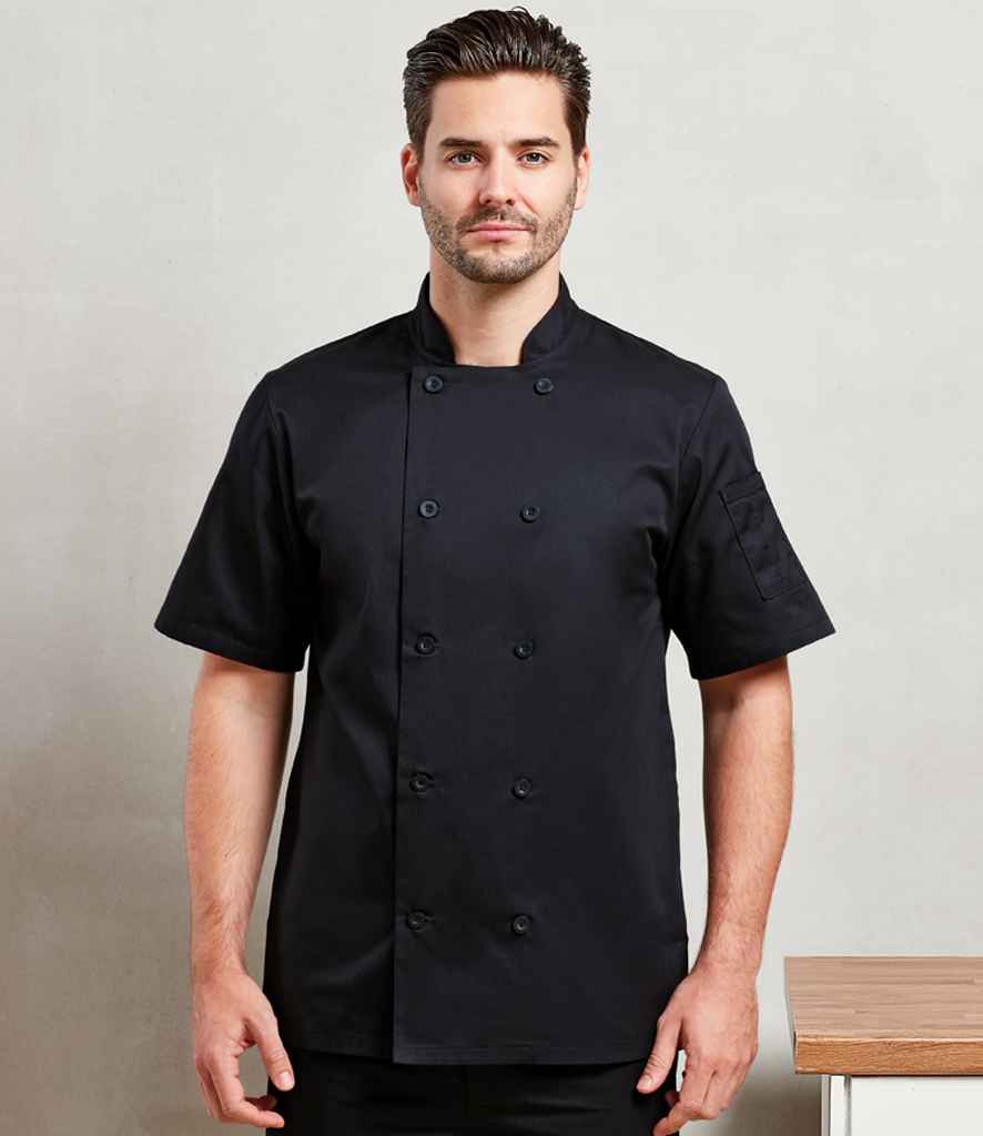 Premier PR656 Black Model - Chef's Jacket Ready to be Embroidered and Printed by Custard Workwear - Cheap Personalised and Customised Workwear in Nottinghamshire, Derbyshire and Leicestershire