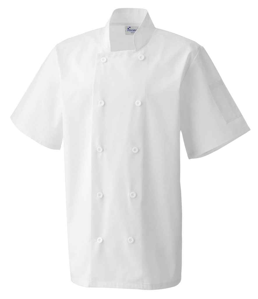 Premier PR656 White Front - Chef's Jacket Ready to be Embroidered and Printed by Custard Workwear - Cheap Personalised and Customised Workwear in Nottinghamshire, Derbyshire and Leicestershire