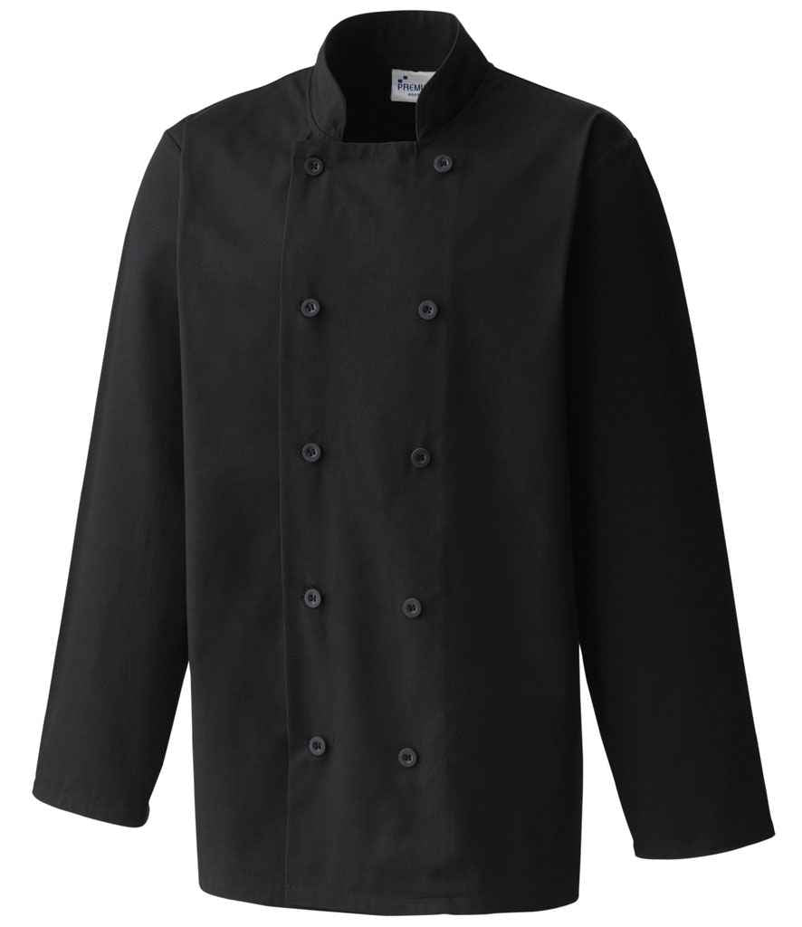 Premier PR657 Black Front - Chef's Jacket Ready to be Embroidered and Printed by Custard Workwear - Cheap Personalised and Customised Workwear in Nottinghamshire, Derbyshire and Leicestershire