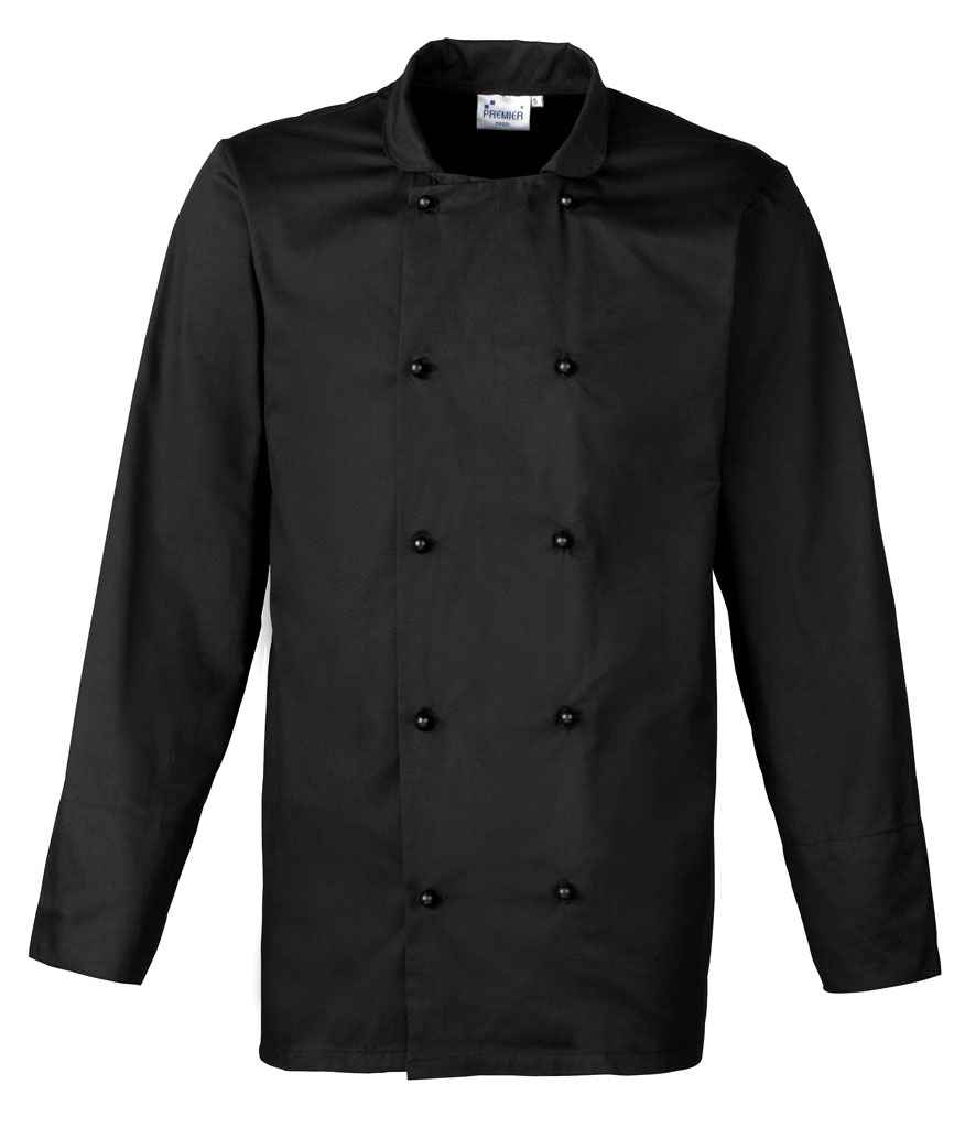 Premier PR661 Black Front - Chef's Jacket Ready to be Embroidered and Printed by Custard Workwear - Cheap Personalised and Customised Workwear in Nottinghamshire, Derbyshire and Leicestershire
