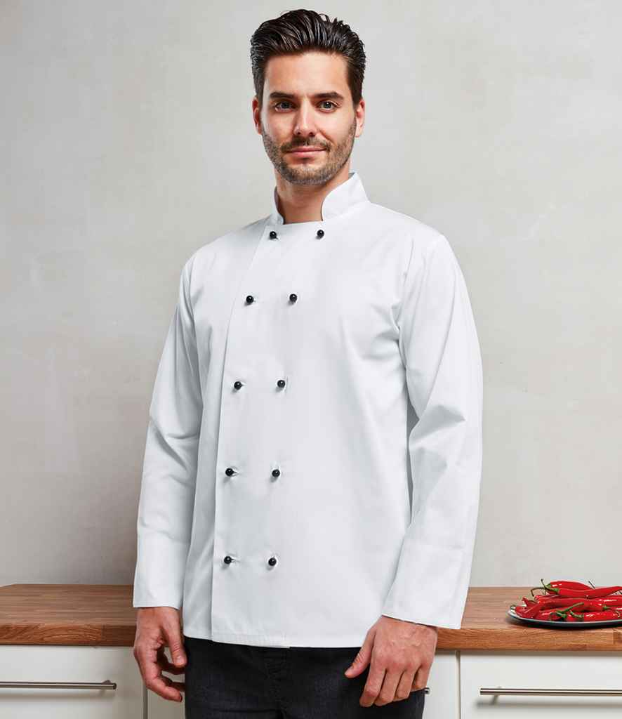 Premier PR661 White Model - Chef's Jacket Ready to be Embroidered and Printed by Custard Workwear - Cheap Personalised and Customised Workwear in Nottinghamshire, Derbyshire and Leicestershire
