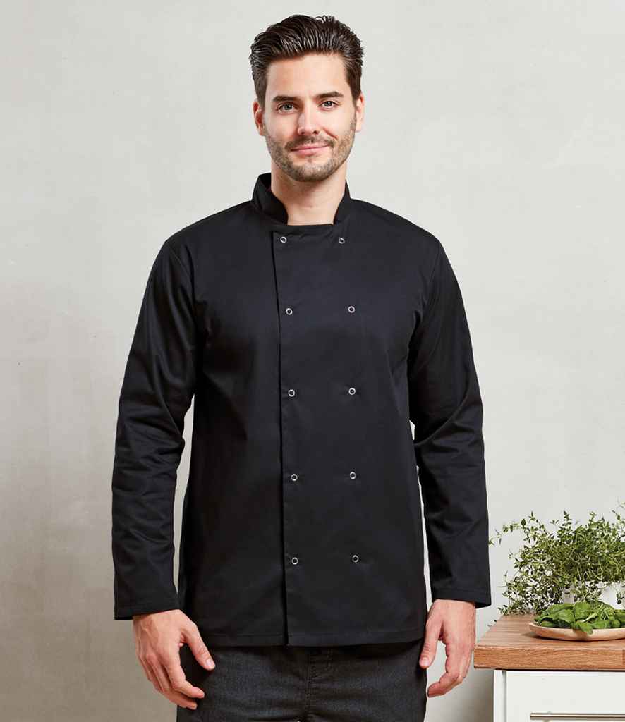 Premier PR665 Black Model - Chef's Jacket Ready to be Embroidered and Printed by Custard Workwear - Cheap Personalised and Customised Workwear in Nottinghamshire, Derbyshire and Leicestershire