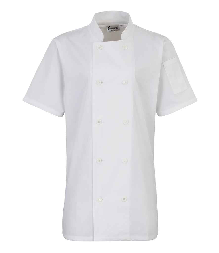 Premier PR670 White Front - Tunic Ready to be Embroidered and Printed by Custard Workwear - Cheap Personalised and Customised Workwear in Nottinghamshire, Derbyshire and Leicestershire
