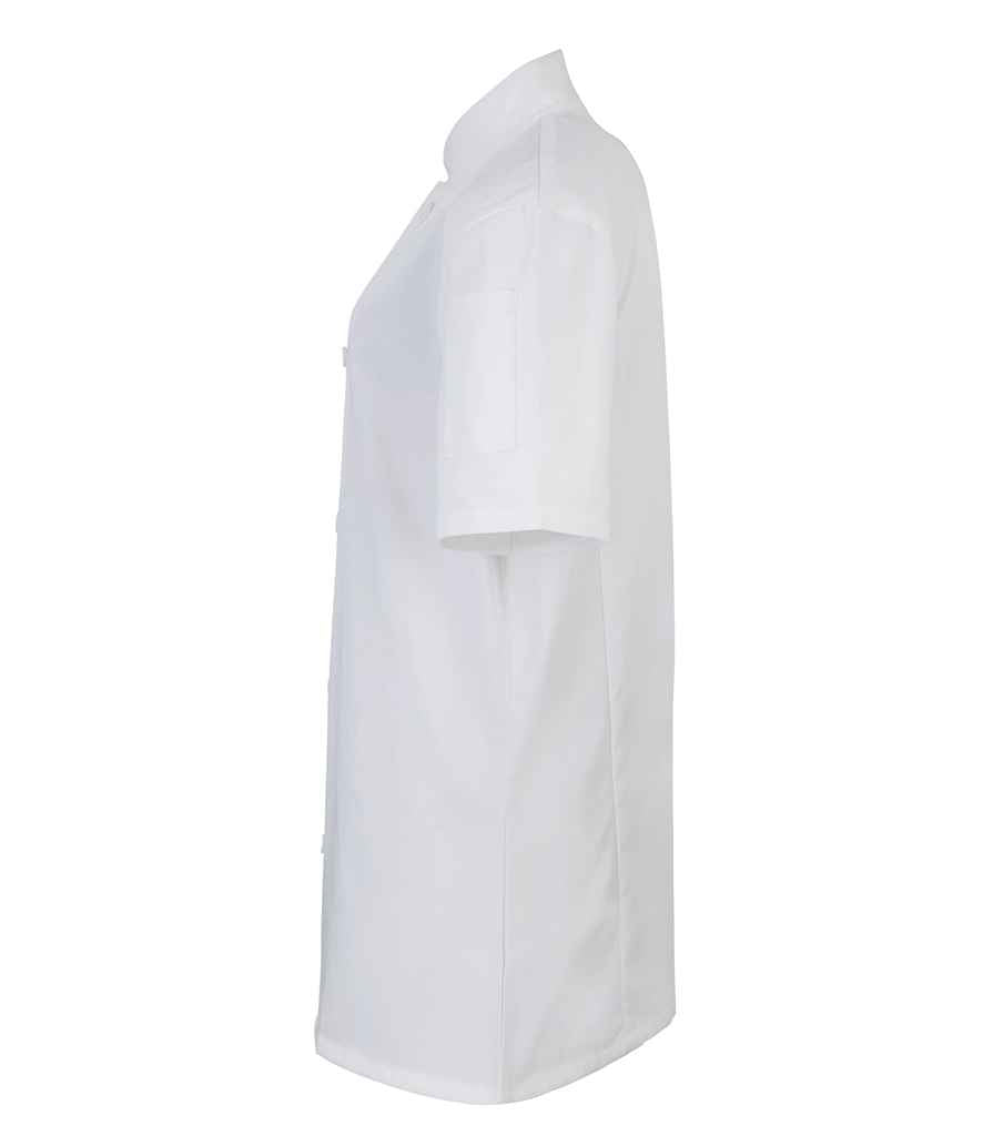 Premier PR670 White Left - Tunic Ready to be Embroidered and Printed by Custard Workwear - Cheap Personalised and Customised Workwear in Nottinghamshire, Derbyshire and Leicestershire