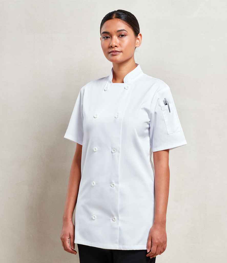 Premier PR670 White Model - Chef's Jacket Ready to be Embroidered and Printed by Custard Workwear - Cheap Personalised and Customised Workwear in Nottinghamshire, Derbyshire and Leicestershire