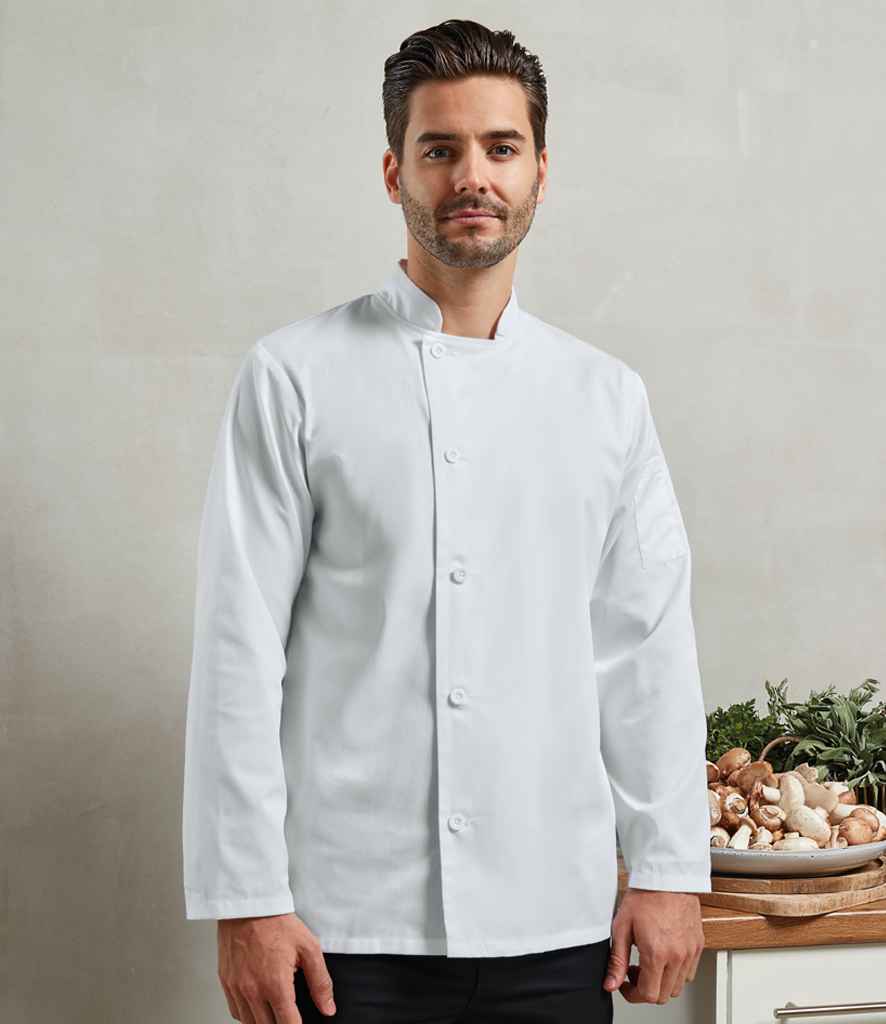 Premier PR901 White Model - Chef's Jacket Ready to be Embroidered and Printed by Custard Workwear - Cheap Personalised and Customised Workwear in Nottinghamshire, Derbyshire and Leicestershire