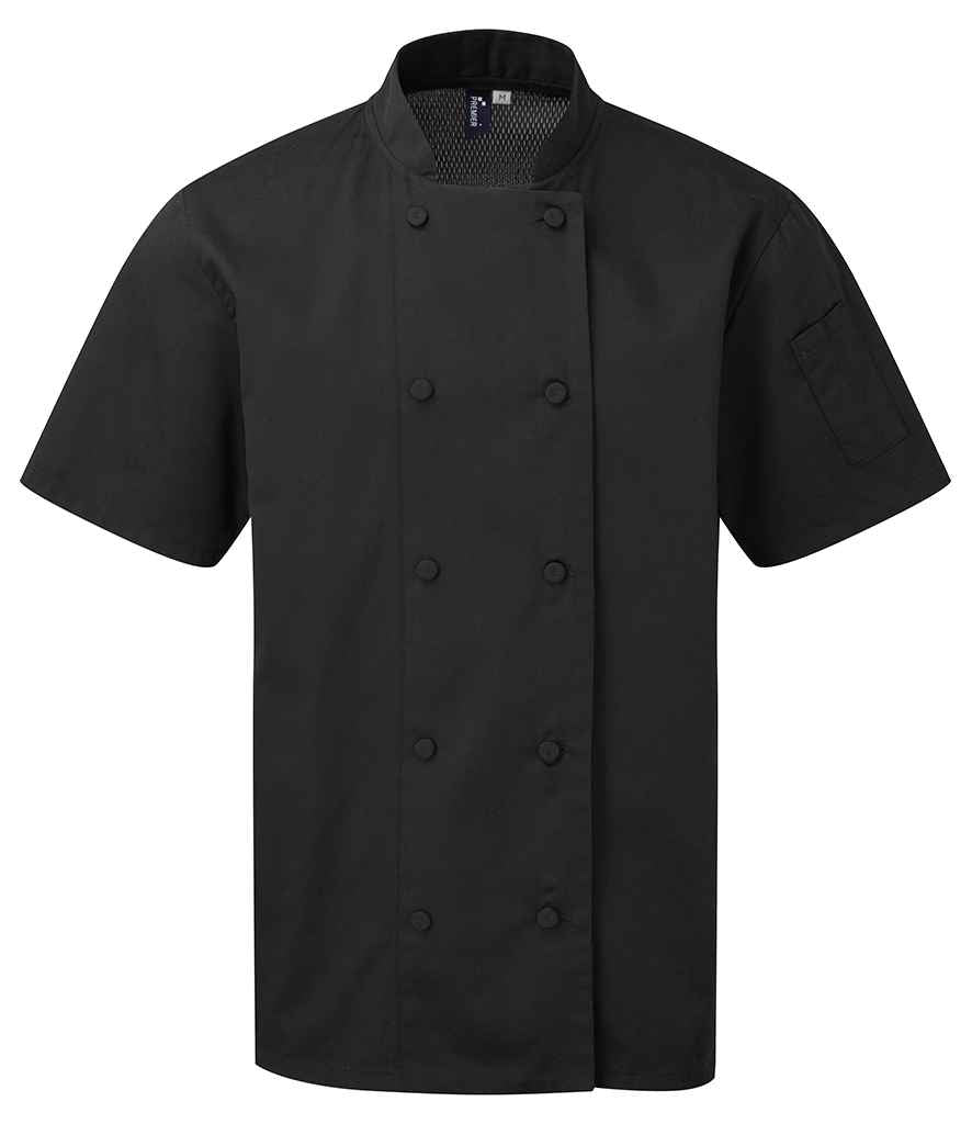 Premier PR902 Black Front - Chef's Jacket Ready to be Embroidered and Printed by Custard Workwear - Cheap Personalised and Customised Workwear in Nottinghamshire, Derbyshire and Leicestershire