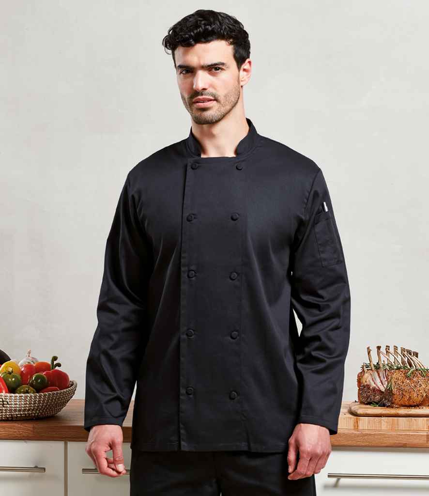 Premier PR903 Black Model - Chef's Jacket Ready to be Embroidered and Printed by Custard Workwear - Cheap Personalised and Customised Workwear in Nottinghamshire, Derbyshire and Leicestershire