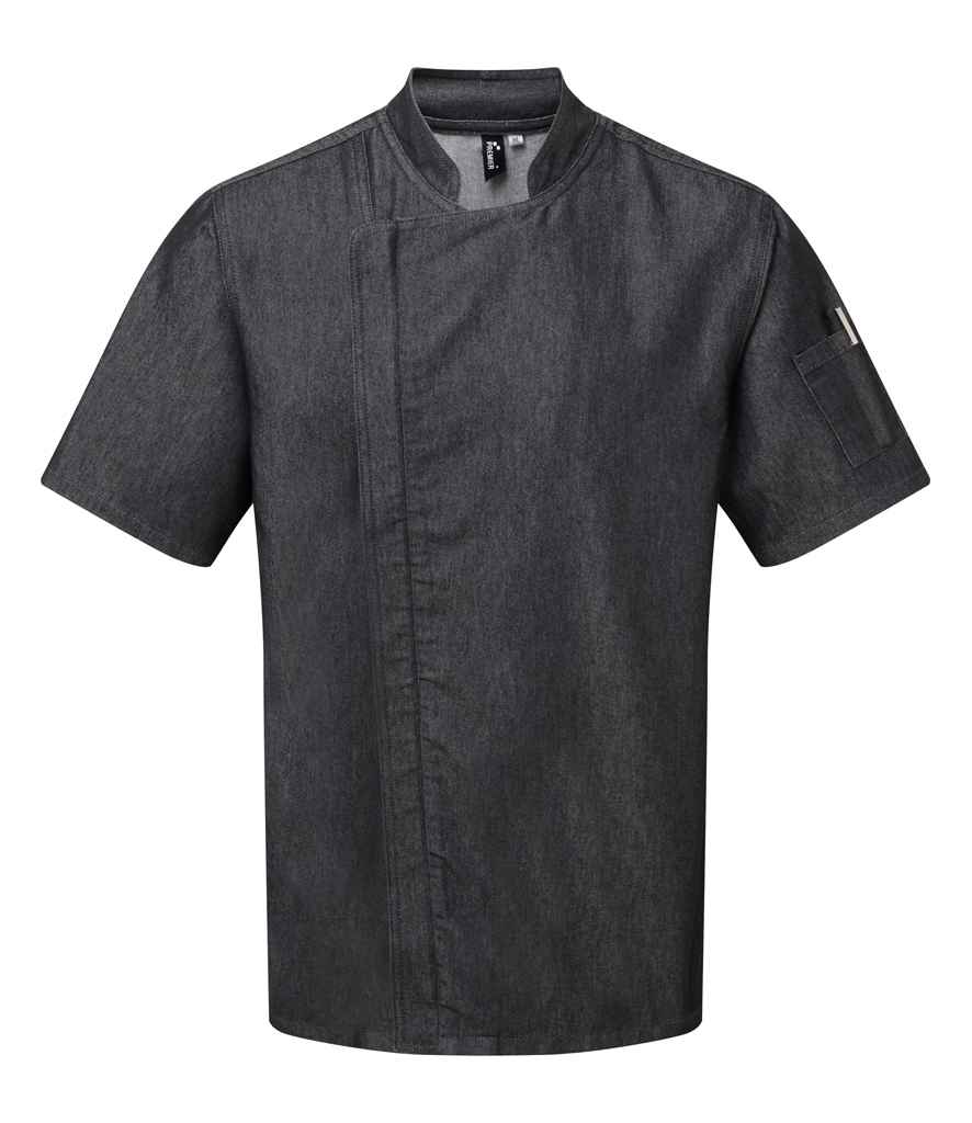 Premier PR906 Black Denim Front - Chef's Jacket Ready to be Embroidered and Printed by Custard Workwear - Cheap Personalised and Customised Workwear in Nottinghamshire, Derbyshire and Leicestershire