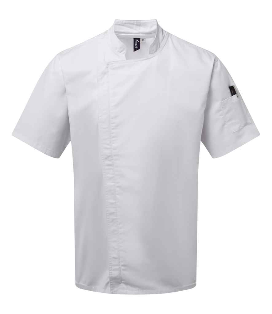 Premier PR906 White Front - Tunic Ready to be Embroidered and Printed by Custard Workwear - Cheap Personalised and Customised Workwear in Nottinghamshire, Derbyshire and Leicestershire