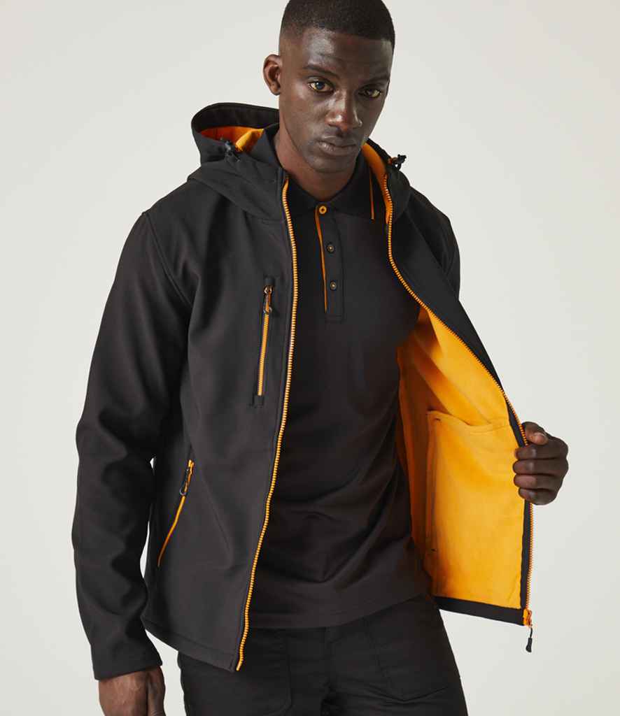 Regatta Professional RG454 Black/Orange Pop Model - Soft Shell Ready to be Embroidered and Printed by Custard Workwear - Cheap Personalised and Customised Workwear in Nottinghamshire, Derbyshire and Leicestershire