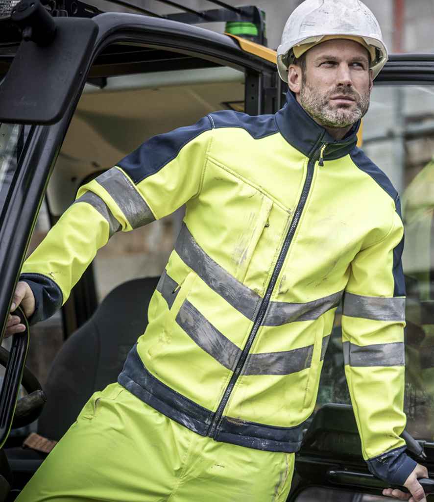 Regatta Hi-Vis RG474 Yellow/Navy Model - Soft Shell Ready to be Embroidered and Printed by Custard Workwear - Cheap Personalised and Customised Workwear in Nottinghamshire, Derbyshire and Leicestershire