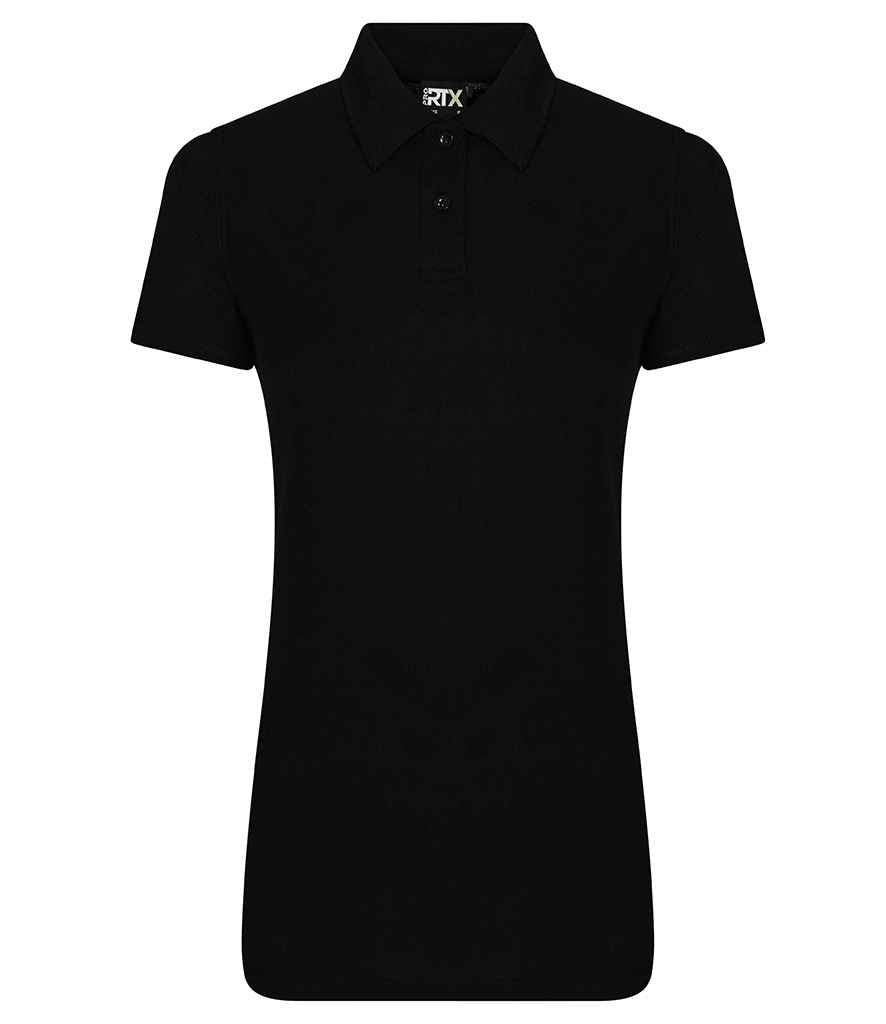 Pro RTX RX105F Black Front - Ladies Polyester Polo Shirt Ready to be Embroidered and Printed by Custard Workwear - Cheap Personalised and Customised Workwear in Nottinghamshire, Derbyshire and Leicestershire