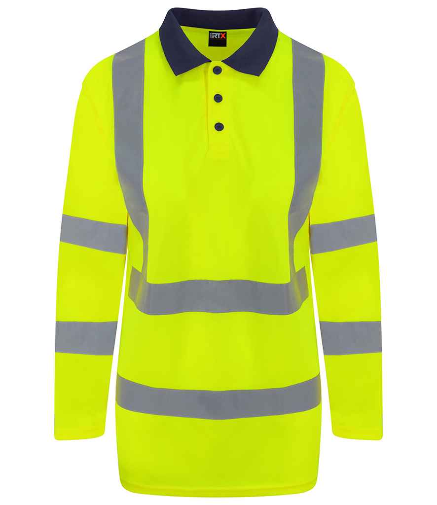 Pro RTX RX715 Yellow/Navy Front - Hi Vis Long Sleeve Polo Shirt Ready to be Printed by Custard Workwear - Cheap Personalised and Customised Workwear in Nottinghamshire, Derbyshire and Leicestershire