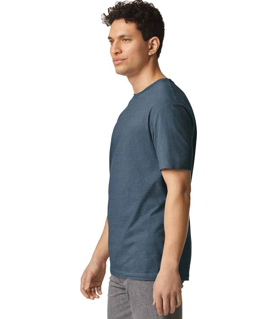 Gildan GD01 Heather Navy Model -  Ready to be Printed by Custard Workwear - Cheap Personalised and Customised Workwear in Nottinghamshire, Derbyshire and Leicestershire