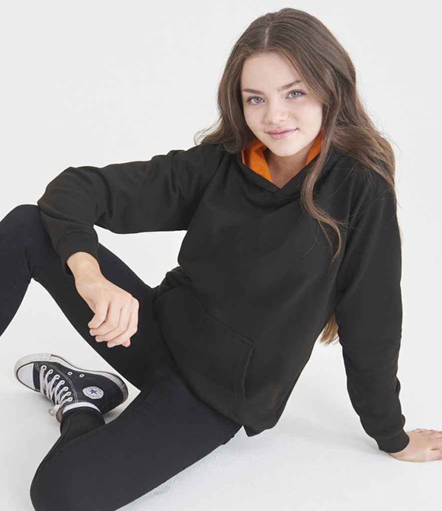 Just Hoods JH003B Jet Black/Orange Crush Model -  Ready to be Embroidered and Printed by Custard Workwear - Cheap Personalised and Customised Workwear in Nottinghamshire, Derbyshire and Leicestershire