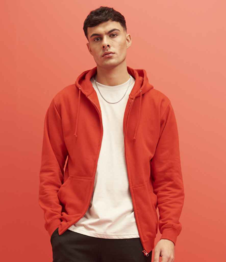 Just Hoods JH050 Fire Red Model -  Ready to be Embroidered and Printed by Custard Workwear - Cheap Personalised and Customised Workwear in Nottinghamshire, Derbyshire and Leicestershire