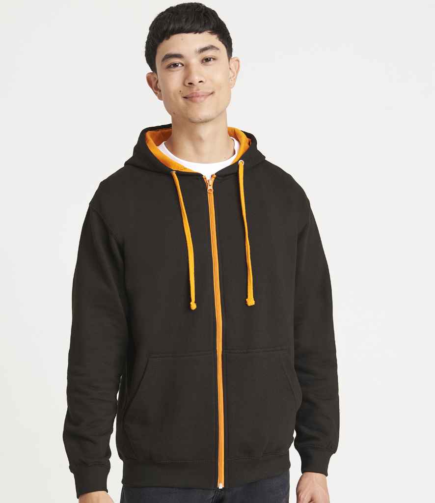 Just Hoods JH053 Jet Black/Orange Crush Model -  Ready to be Embroidered and Printed by Custard Workwear - Cheap Personalised and Customised Workwear in Nottinghamshire, Derbyshire and Leicestershire