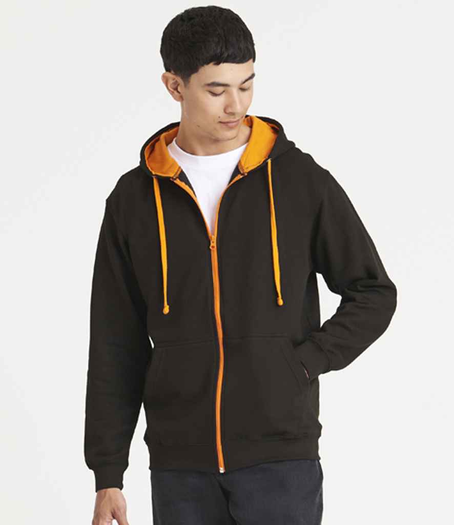 Just Hoods JH053 Jet Black/Orange Crush Model -  Ready to be Embroidered and Printed by Custard Workwear - Cheap Personalised and Customised Workwear in Nottinghamshire, Derbyshire and Leicestershire