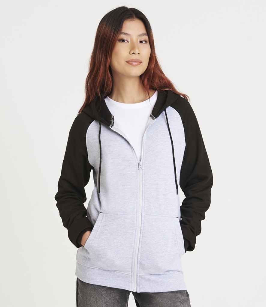 Just Hoods JH063 Heather Grey/Jet Black Model -  Ready to be Embroidered and Printed by Custard Workwear - Cheap Personalised and Customised Workwear in Nottinghamshire, Derbyshire and Leicestershire