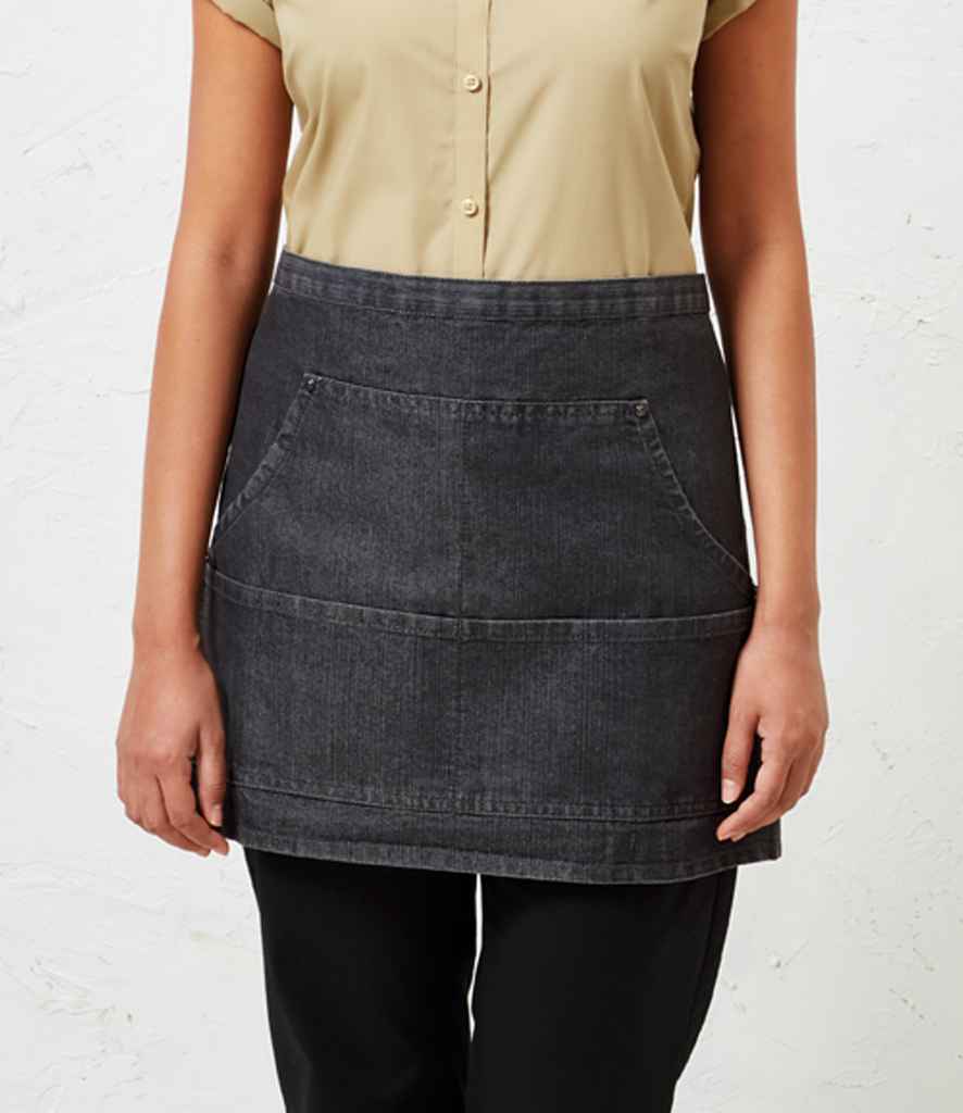 Premier PR125 Black Denim Model - Apron Ready to be Embroidered and Printed by Custard Workwear - Cheap Personalised and Customised Workwear in Nottinghamshire, Derbyshire and Leicestershire