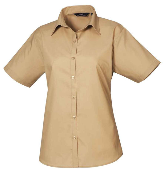 Premier PR302 Khaki Front - Ladies Blouse Ready to be Embroidered and Printed by Custard Workwear - Cheap Personalised and Customised Workwear in Nottinghamshire, Derbyshire and Leicestershire