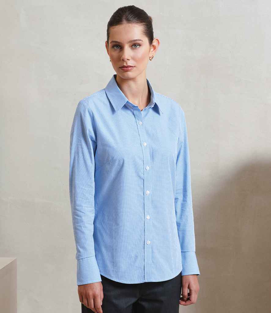 Premier PR320 Light Blue/White Model - Ladies Shirt Ready to be Embroidered and Printed by Custard Workwear - Cheap Personalised and Customised Workwear in Nottinghamshire, Derbyshire and Leicestershire