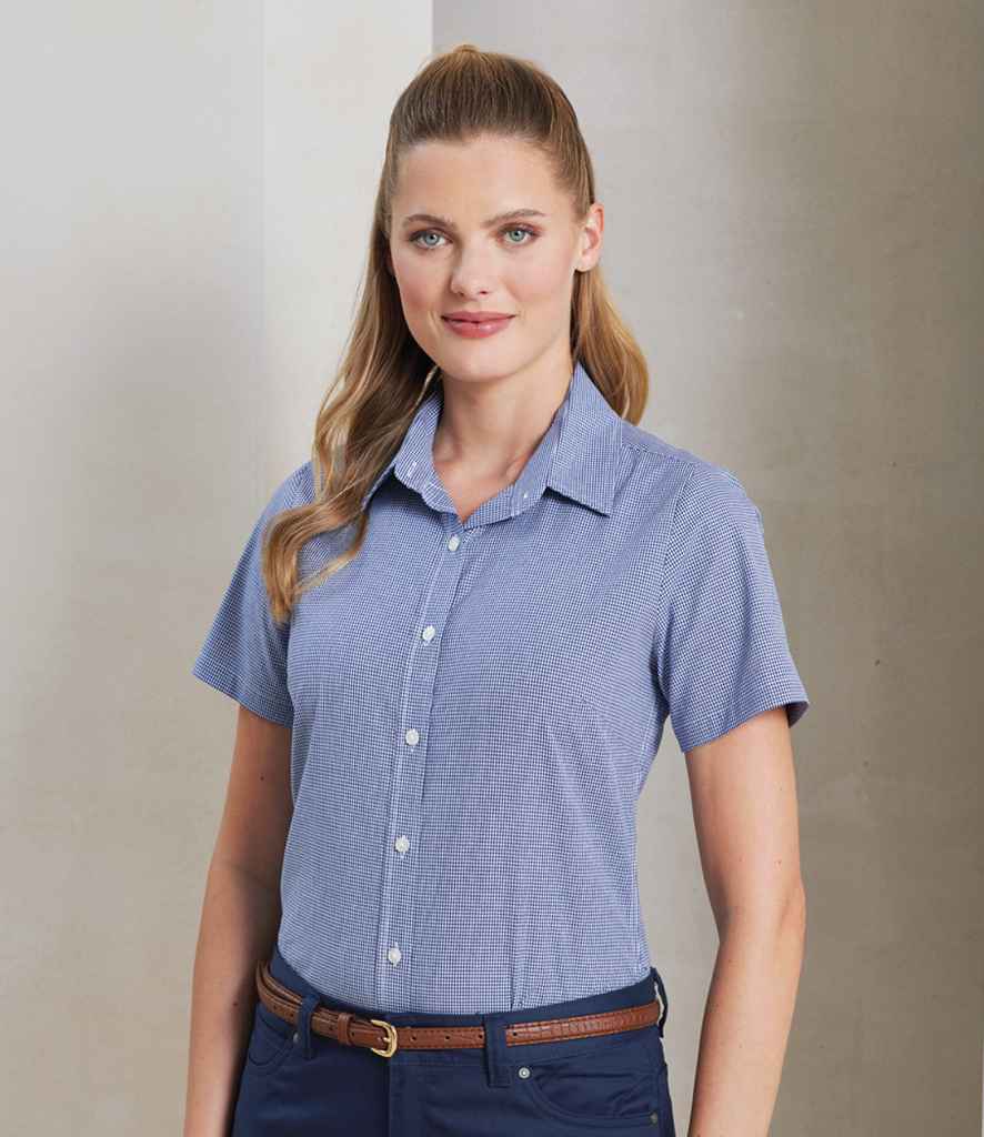 Premier PR321 Navy/White Model - Ladies Shirt Ready to be Embroidered and Printed by Custard Workwear - Cheap Personalised and Customised Workwear in Nottinghamshire, Derbyshire and Leicestershire