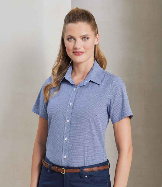 Premier PR321 Navy/White Model - Ladies Shirt Ready to be Embroidered and Printed by Custard Workwear - Cheap Personalised and Customised Workwear in Nottinghamshire, Derbyshire and Leicestershire
