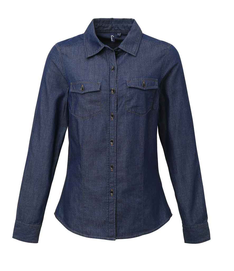 Premier PR322 Indigo Denim Front - Shirt Ready to be Embroidered and Printed by Custard Workwear - Cheap Personalised and Customised Workwear in Nottinghamshire, Derbyshire and Leicestershire
