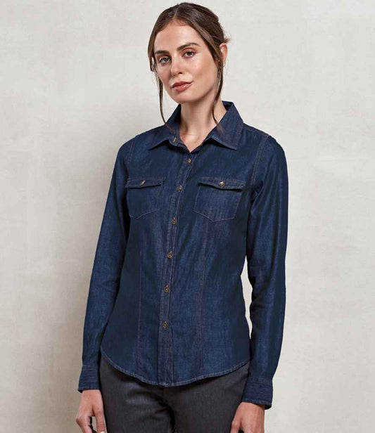Premier PR322 Indigo Denim Model - Ladies Shirt Ready to be Embroidered and Printed by Custard Workwear - Cheap Personalised and Customised Workwear in Nottinghamshire, Derbyshire and Leicestershire