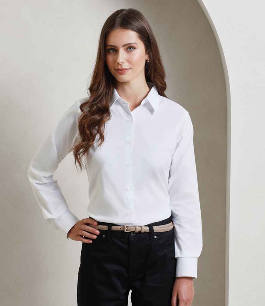 Premier PR334 White Model - Ladies Shirt Ready to be Embroidered and Printed by Custard Workwear - Cheap Personalised and Customised Workwear in Nottinghamshire, Derbyshire and Leicestershire