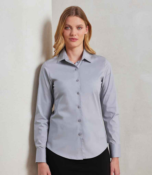 Premier PR344 Silver Model - Ladies Shirt Ready to be Embroidered and Printed by Custard Workwear - Cheap Personalised and Customised Workwear in Nottinghamshire, Derbyshire and Leicestershire