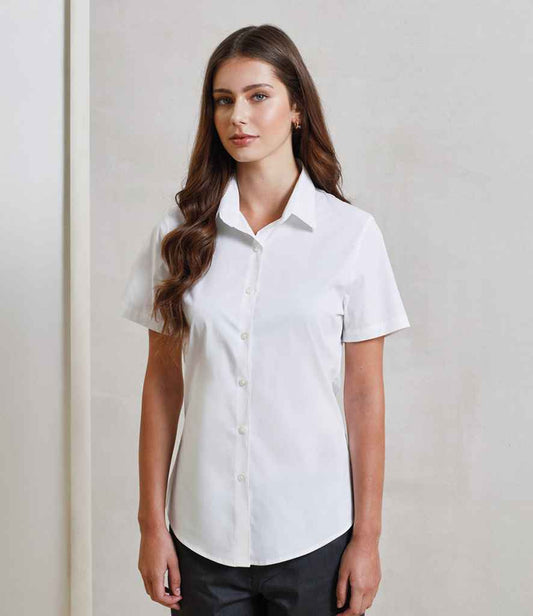 Premier PR346 White Model - Ladies Shirt Ready to be Embroidered and Printed by Custard Workwear - Cheap Personalised and Customised Workwear in Nottinghamshire, Derbyshire and Leicestershire
