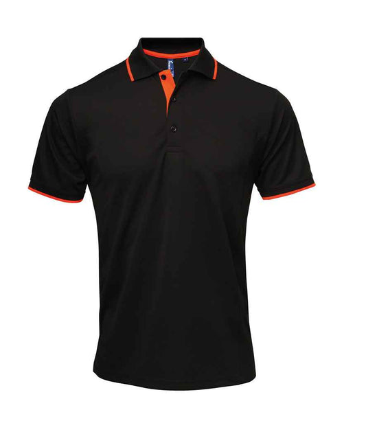 Premier PR618 Black/Orange Front - Polo Ready to be Printed by Custard Workwear - Cheap Personalised and Customised Workwear in Nottinghamshire, Derbyshire and Leicestershire