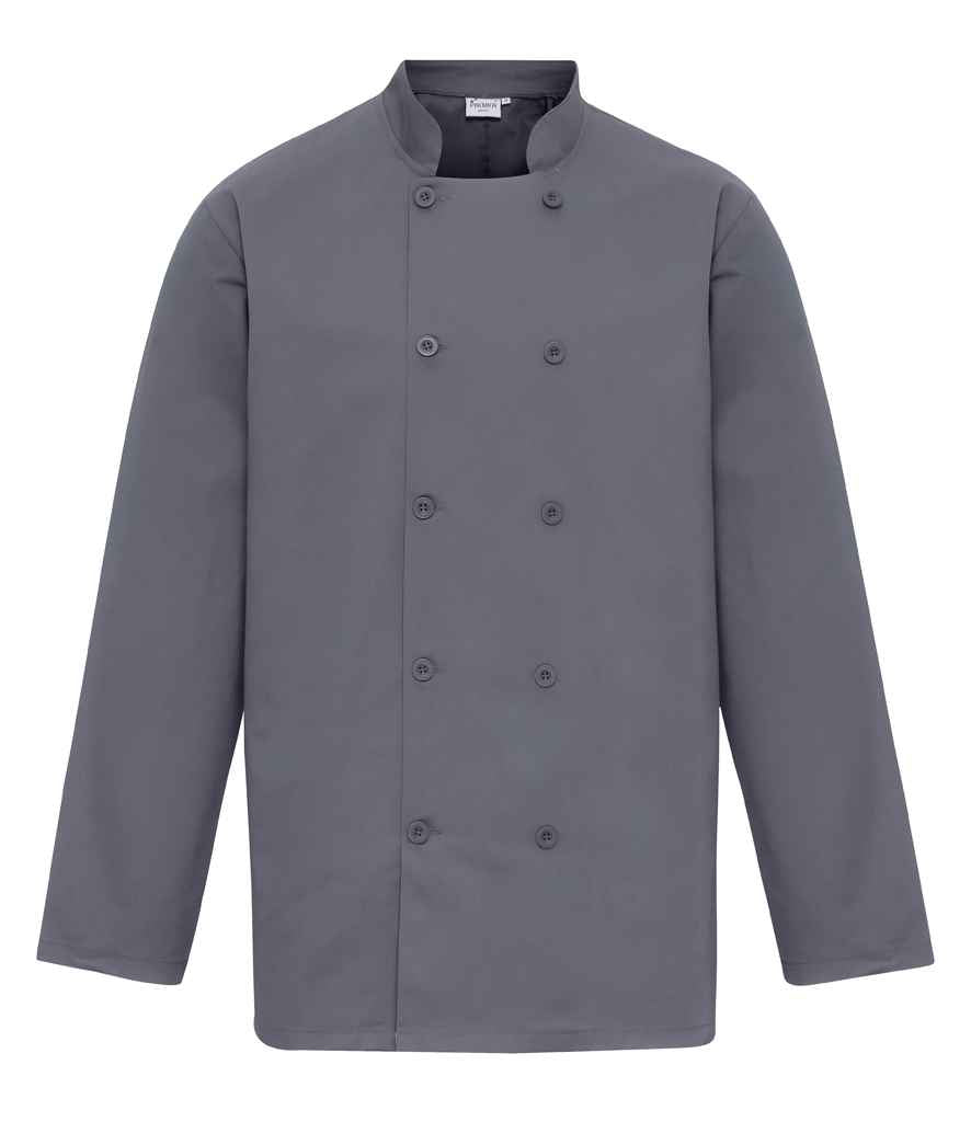 Premier PR657 Steel Front - Chef's Jacket Ready to be Embroidered and Printed by Custard Workwear - Cheap Personalised and Customised Workwear in Nottinghamshire, Derbyshire and Leicestershire
