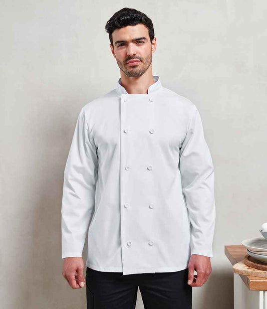 Premier PR657 White Model - Chef's Jacket Ready to be Embroidered and Printed by Custard Workwear - Cheap Personalised and Customised Workwear in Nottinghamshire, Derbyshire and Leicestershire
