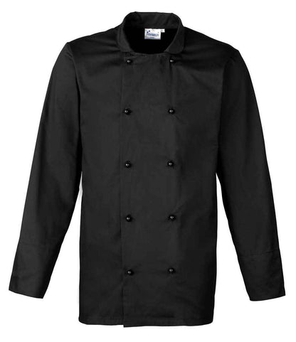 Premier PR661 Black Front - Chef's Jacket Ready to be Embroidered and Printed by Custard Workwear - Cheap Personalised and Customised Workwear in Nottinghamshire, Derbyshire and Leicestershire