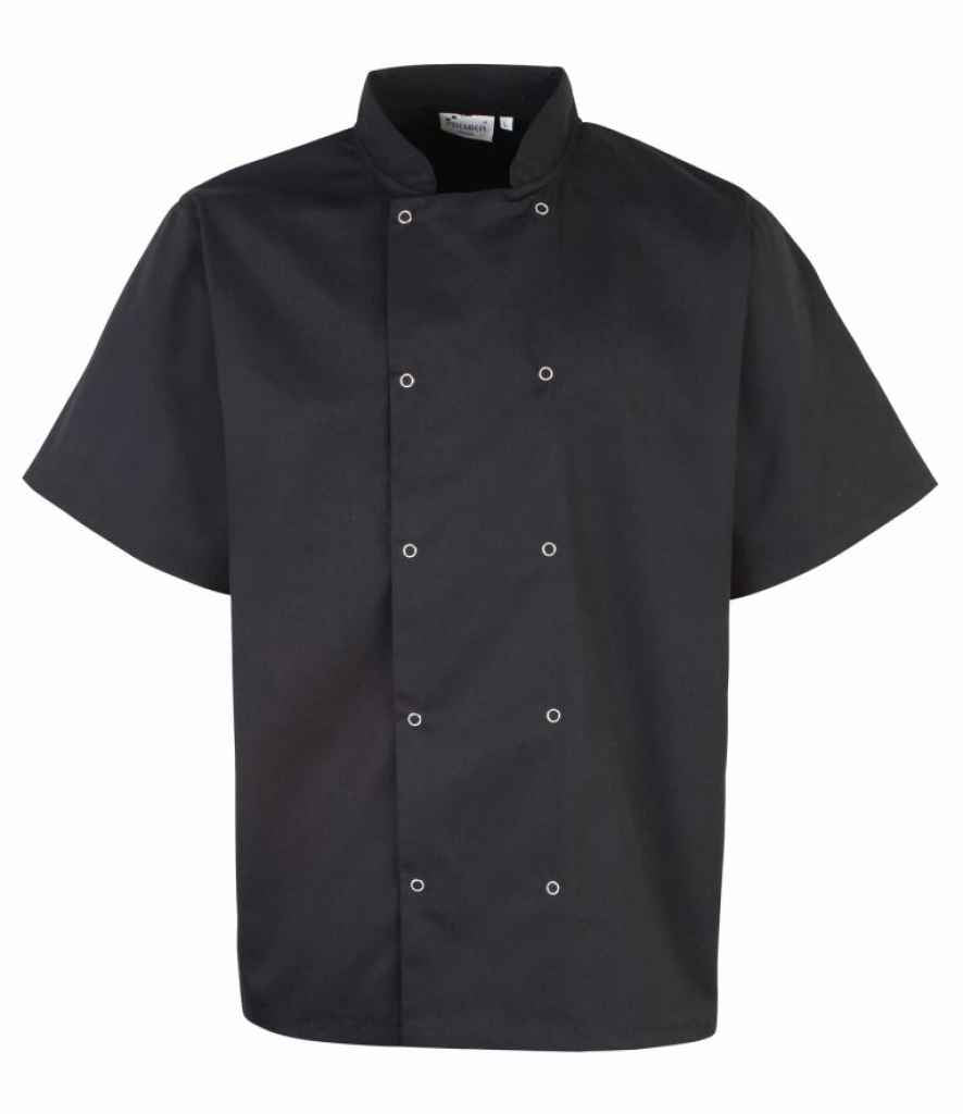 Premier PR664 Black Front - Chef's Jacket Ready to be Embroidered and Printed by Custard Workwear - Cheap Personalised and Customised Workwear in Nottinghamshire, Derbyshire and Leicestershire